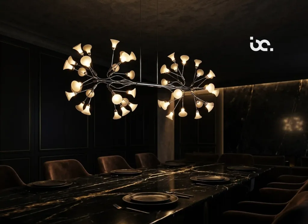 Luxury interior lighting design combining artistic fixtures, nature-inspired elements, and ambient illumination for an elegant modern home