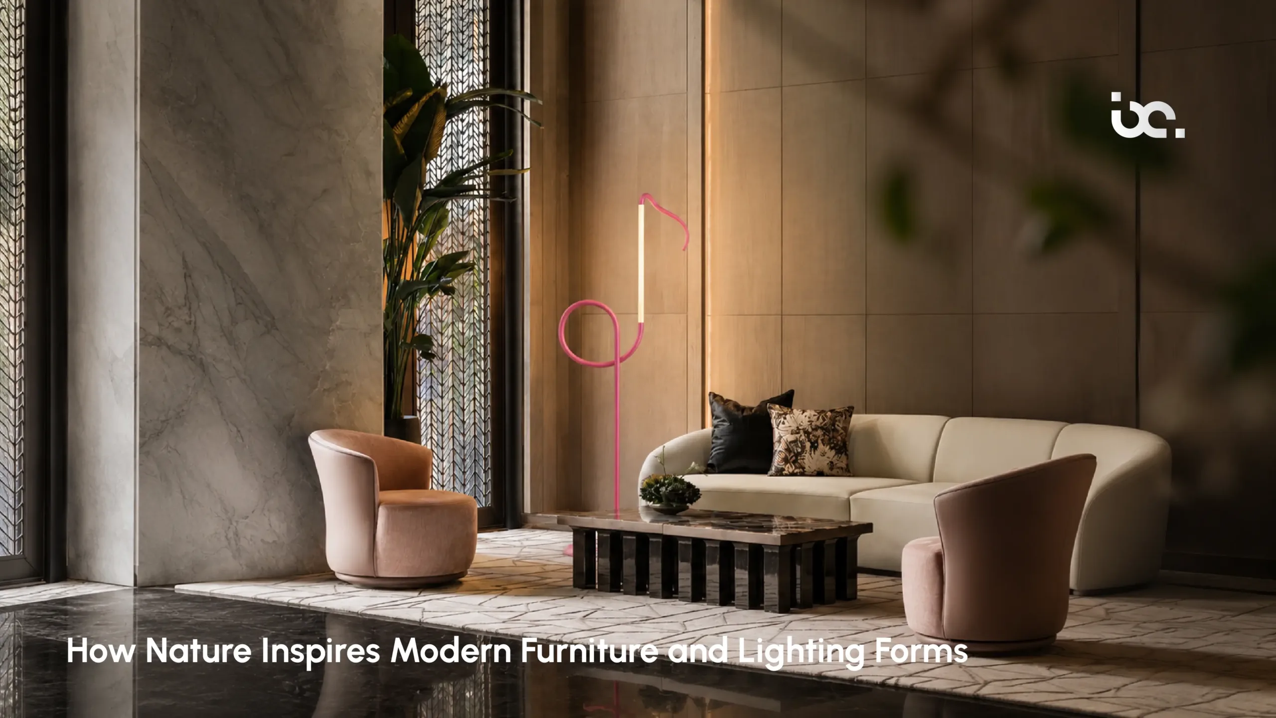 Nature inspired furniture and lighting with organic wood forms and leaf-shaped pendant lights in a modern interior