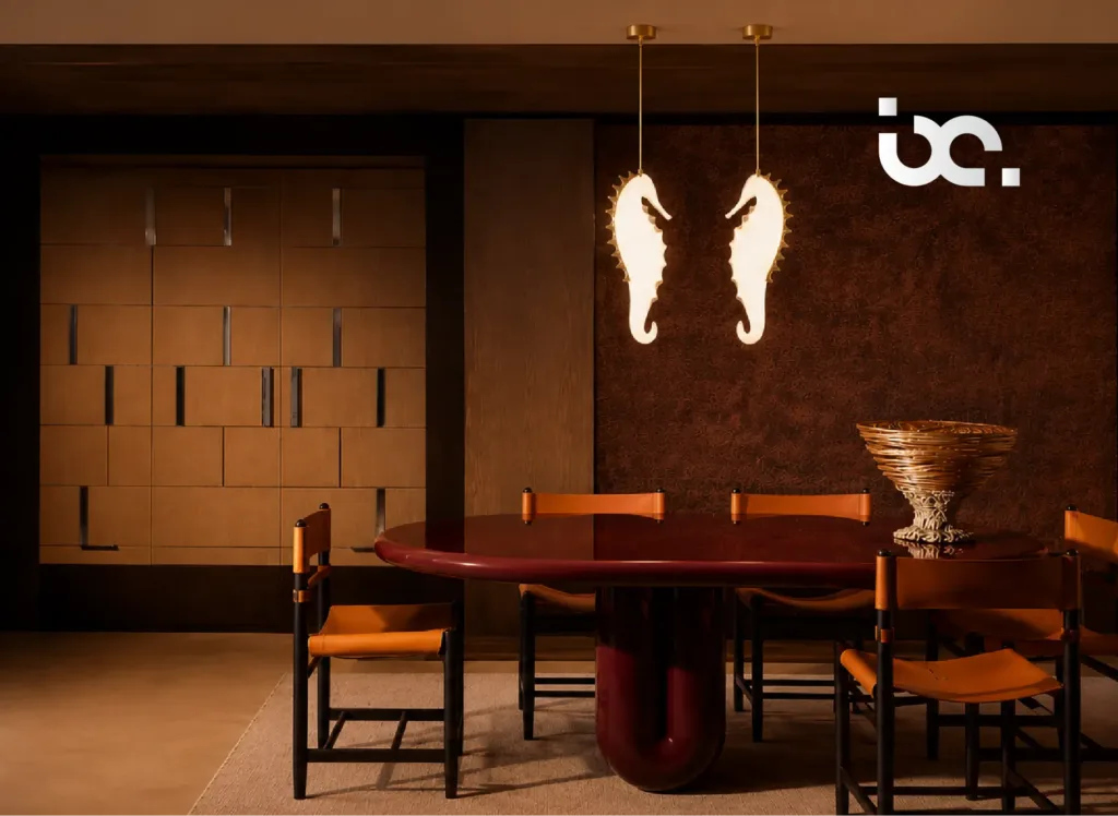 Modern pendant lights hanging above a dining table in a stylish contemporary home