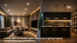 Ceiling lights vs pendant lights comparison in a modern home interior showcasing lighting styles for living rooms and dining spaces