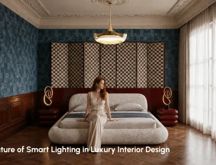 Smart home lighting systems in a luxury interior design space with automated LED lighting, smart home controls, and premium modern décor.