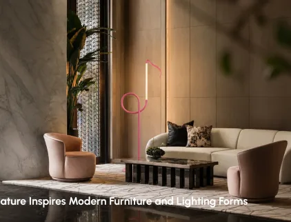 Nature inspired furniture and lighting with organic wood forms and leaf-shaped pendant lights in a modern interior