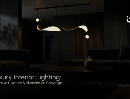 Luxury interior lighting design blending artistic fixtures, nature-inspired elements, and ambient illumination in a modern living space