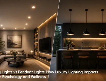 Ceiling lights vs pendant lights comparison in a modern home interior showcasing lighting styles for living rooms and dining spaces